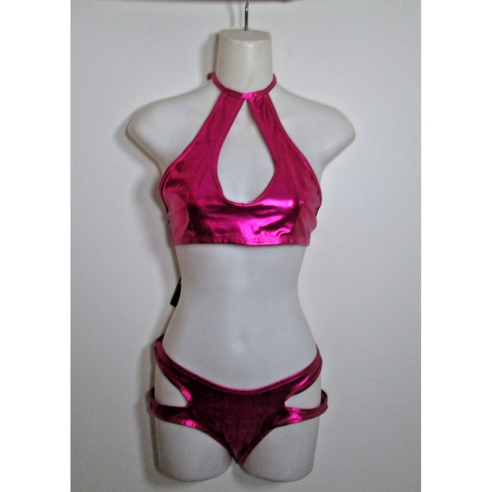 Exotic Dancer Stripper Sexy Pink  Metallic2 Piece  Bikini Dancewear One‎ Size